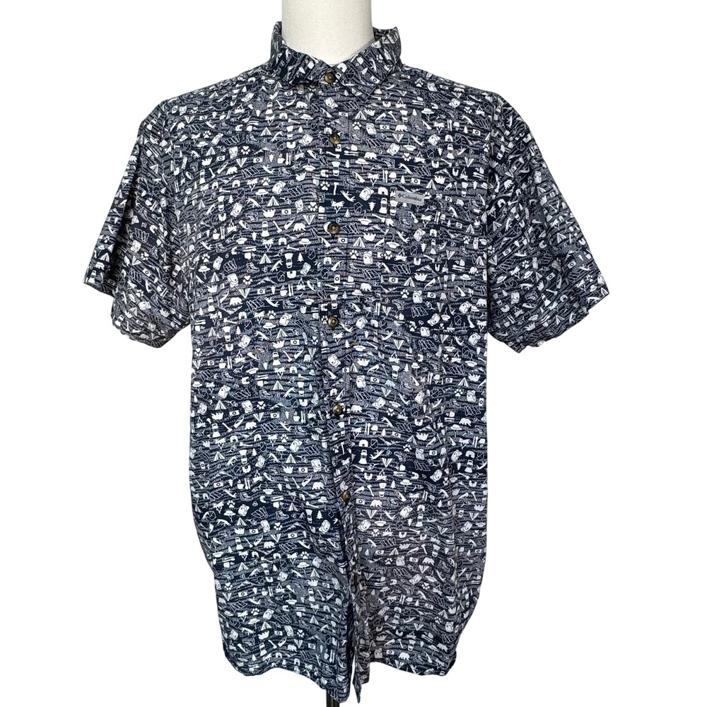COLUMBIA Mens XXL Navy Blue White Camping Graphic Button Down Short Sleeve Shirt